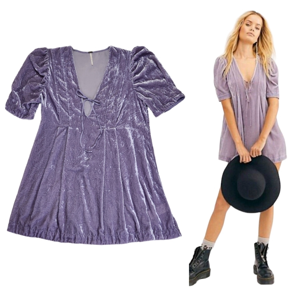 Free People Adelle Velvet Puff Sleeve Deep Vneck Tunic Top Size Large Violet Fog